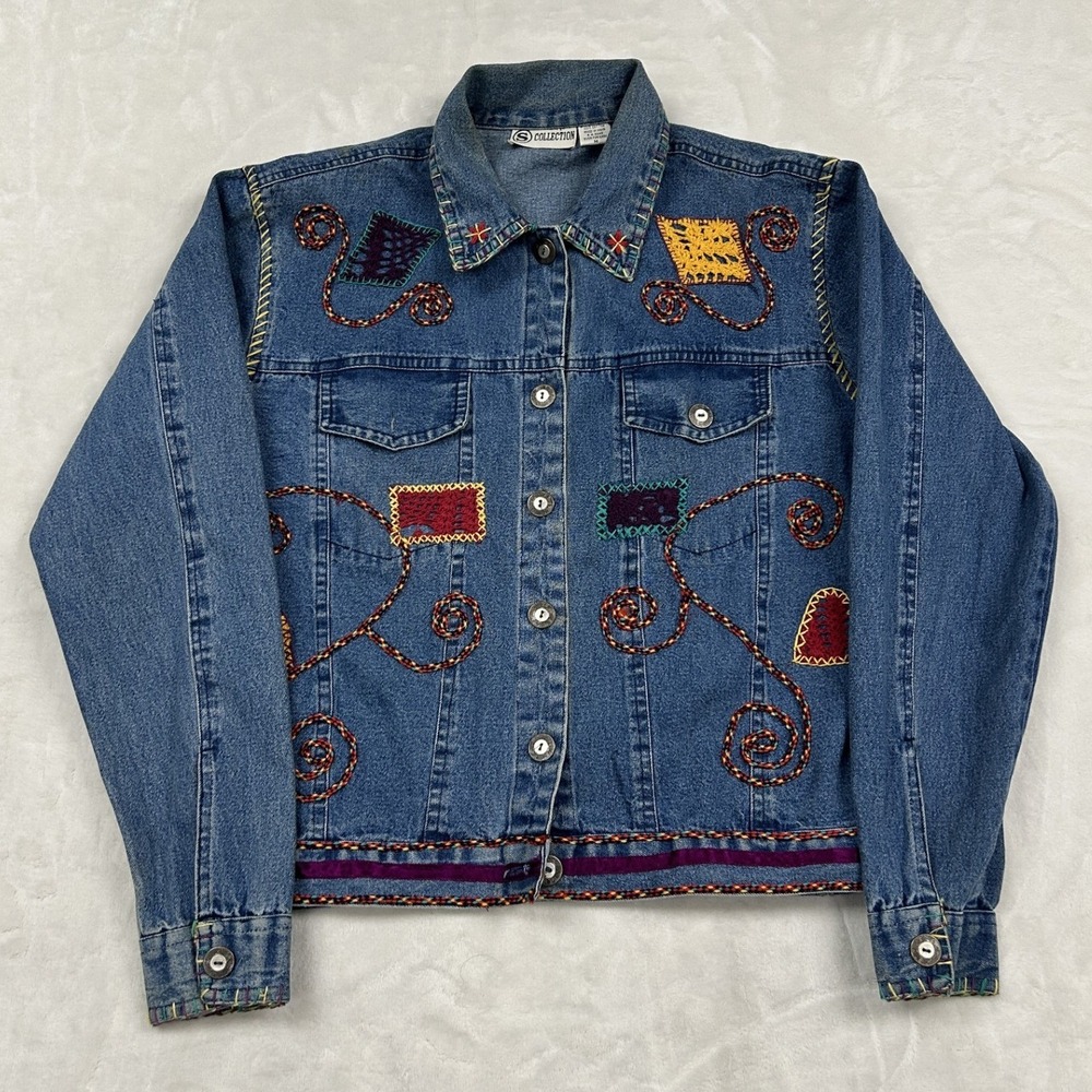 S Collection Denim Jacket Womens M Blue Embroidered Patchwork Boho Art to Wear